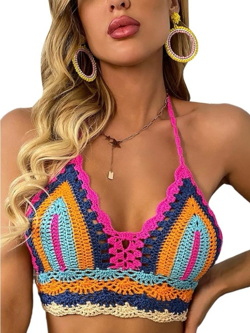 SHEIN Crochet Bright Colorful Halter Bralette Boho  Top Womens Size S Festival
